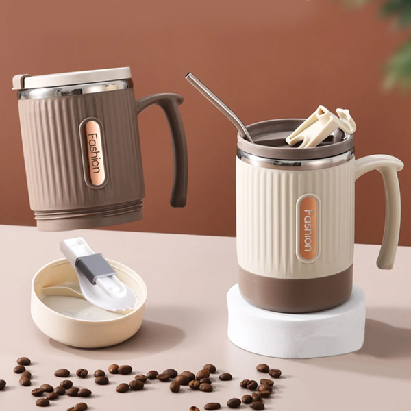 Coffee Cup: 304 Stainless Steel, Portable, with Straw.